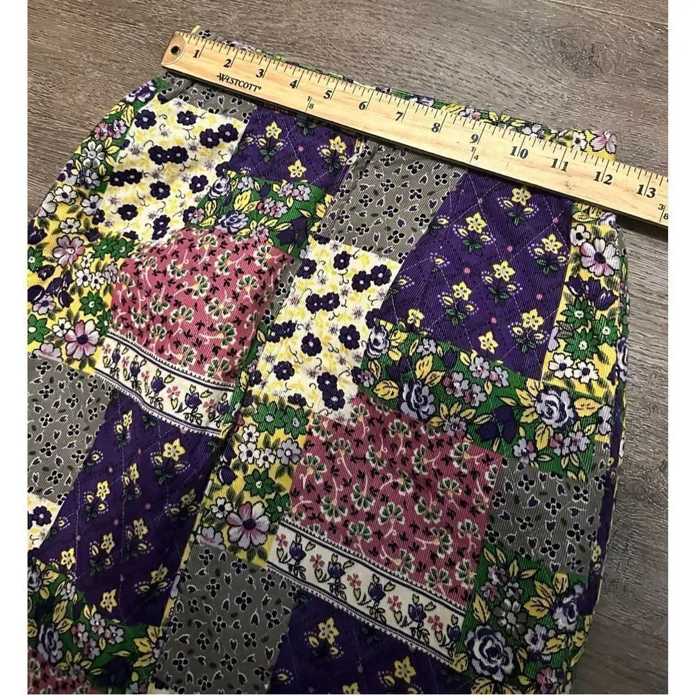 Womens Corduroy Floral Purple Patchwork Above Knee Cottagecore Skirt Size M